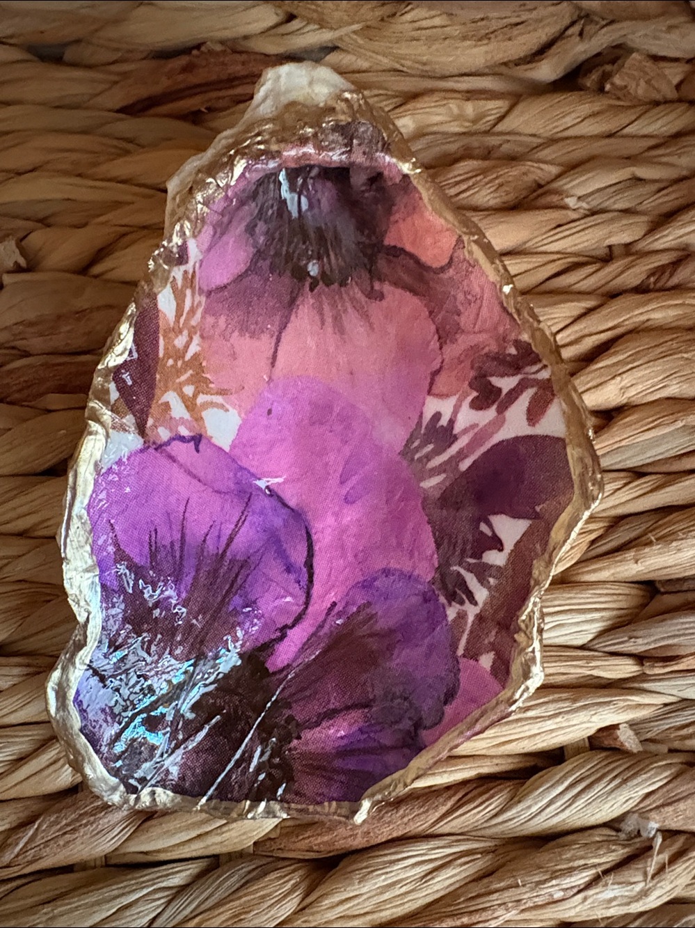 Decorative Purple Floral Shell Trinket Dish with Gold Edge